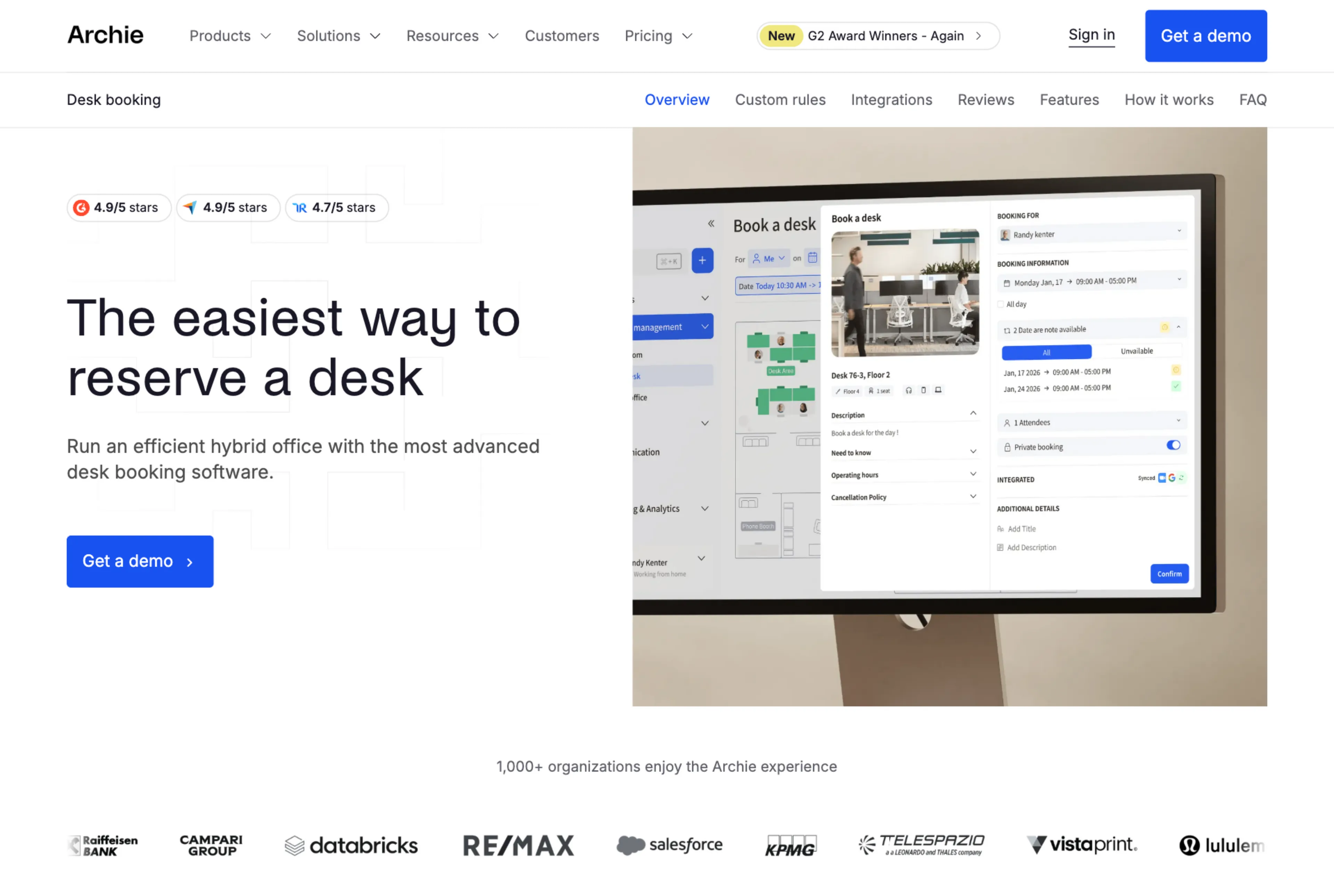 Screenshot of the Archie Desk booking page, presenting its desk reservation feature.